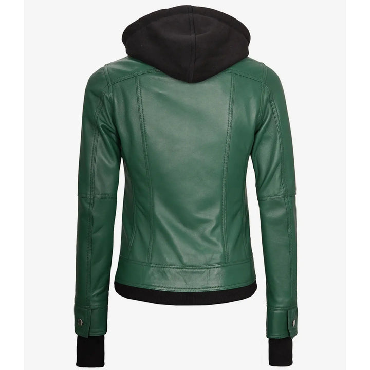 Green leather jacket with black hood on a white background