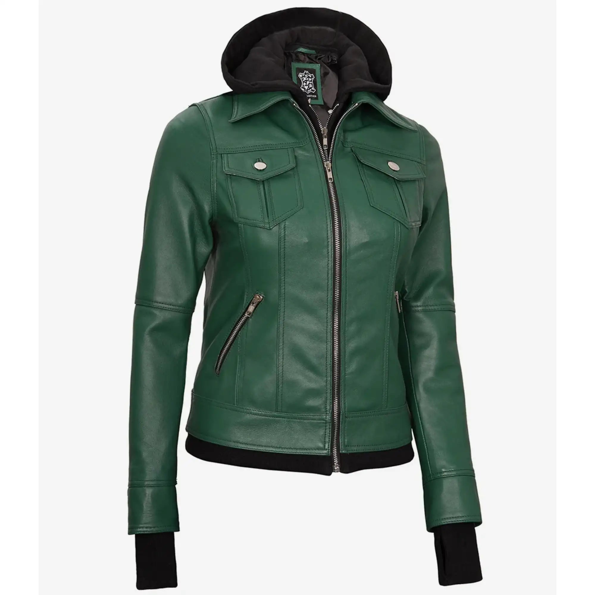 Green leather jacket with black trim on a white background