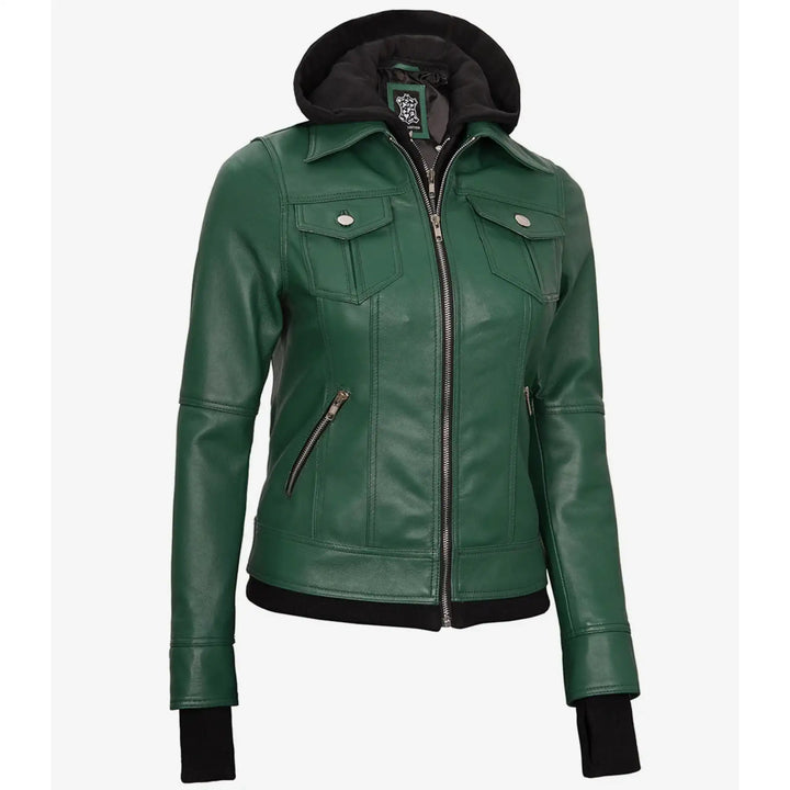 Green leather jacket with black trim on a white background