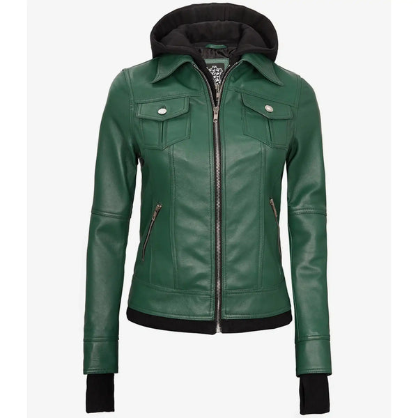Green leather jacket with black trim on a white background