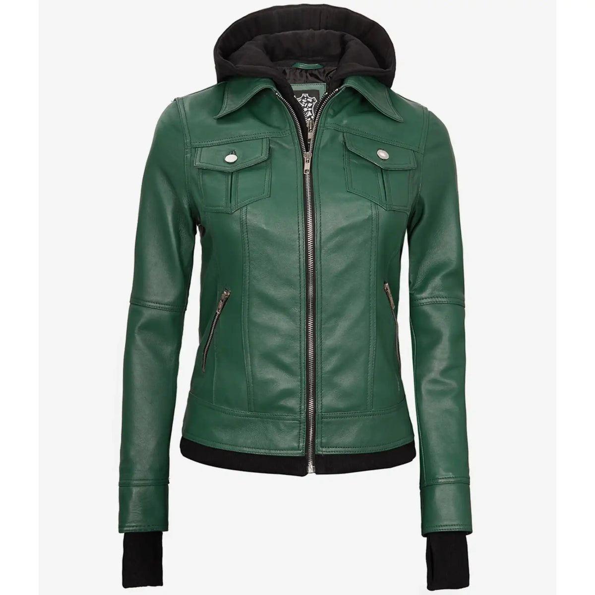 Green leather jacket with black trim on a white background