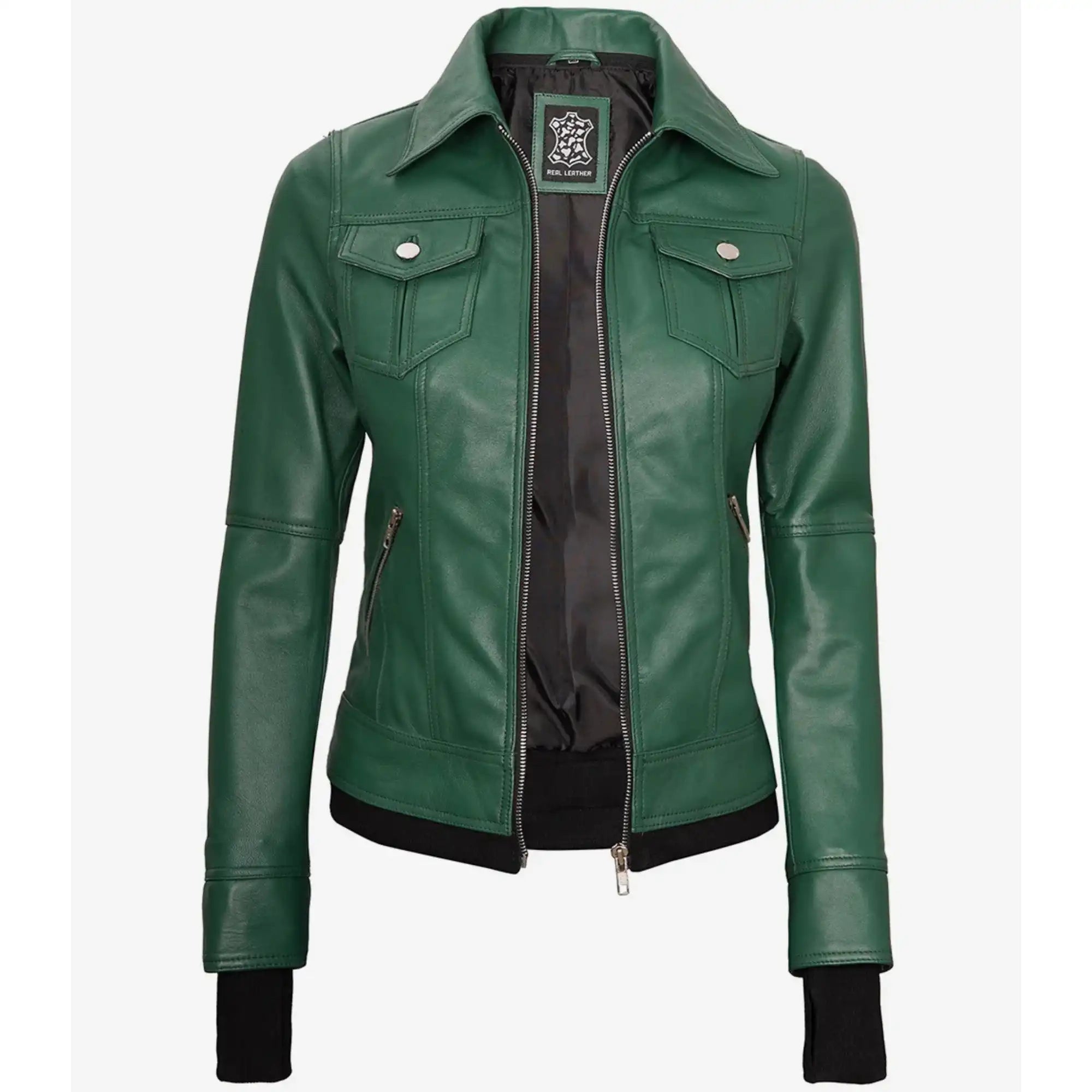 Green leather jacket on a white background