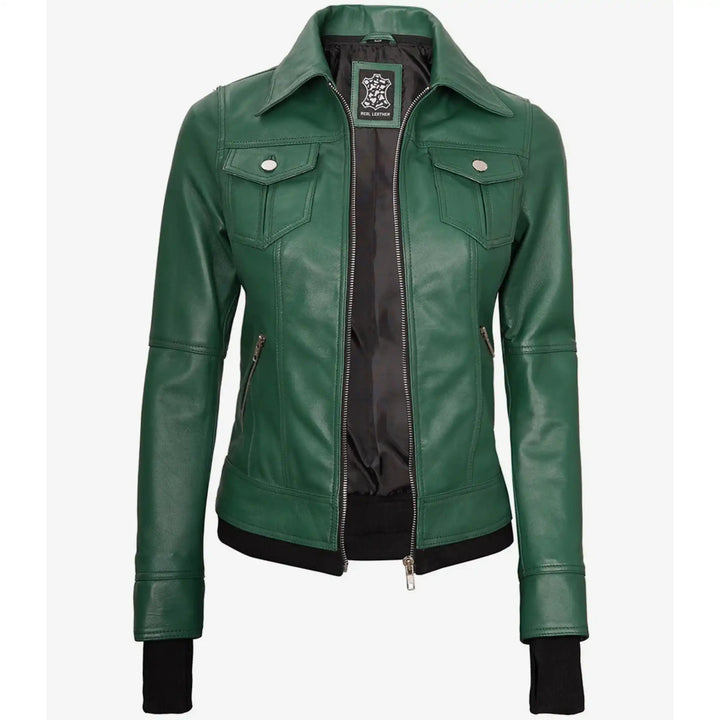 Green leather jacket on a white background
