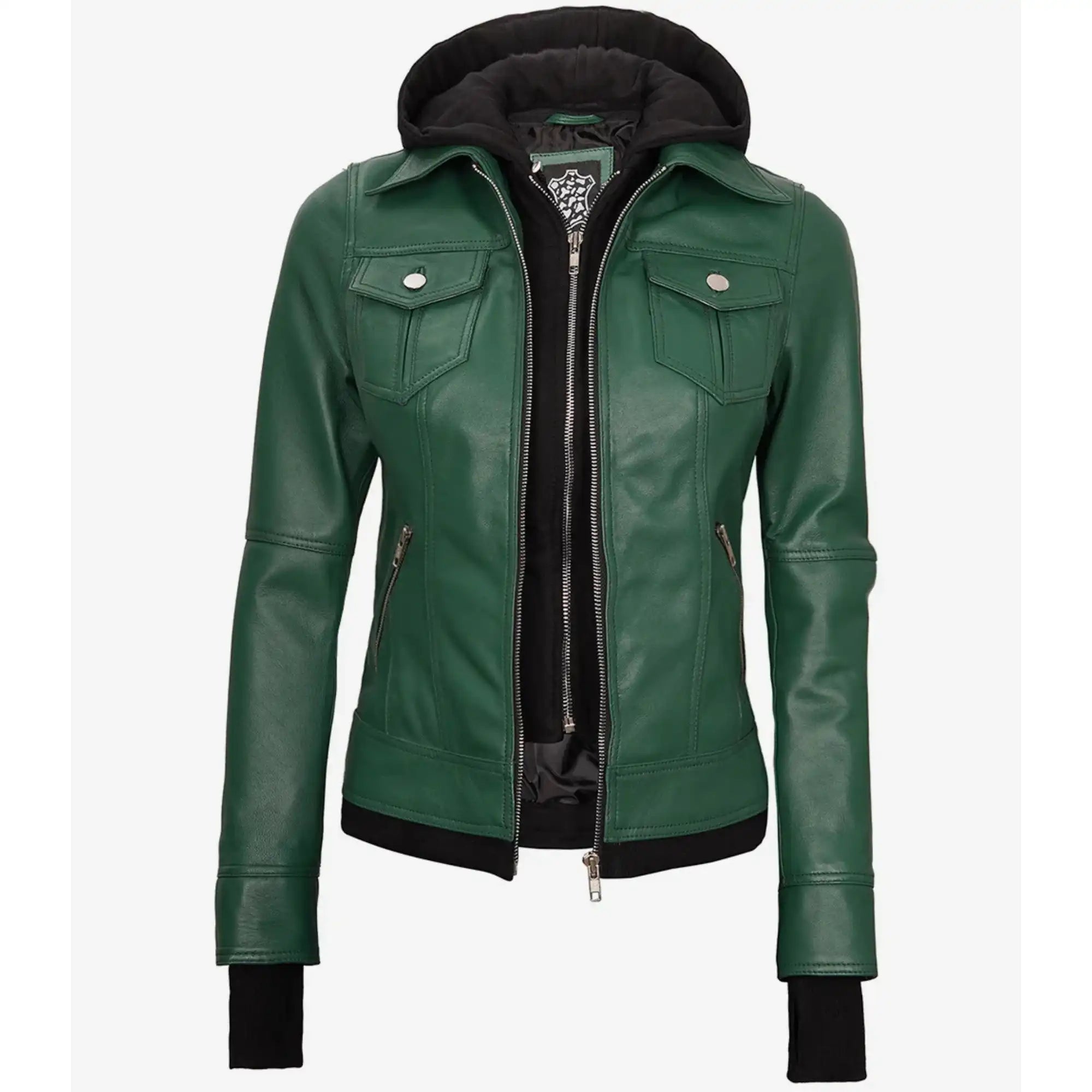 Green leather jacket with black hood on a white background