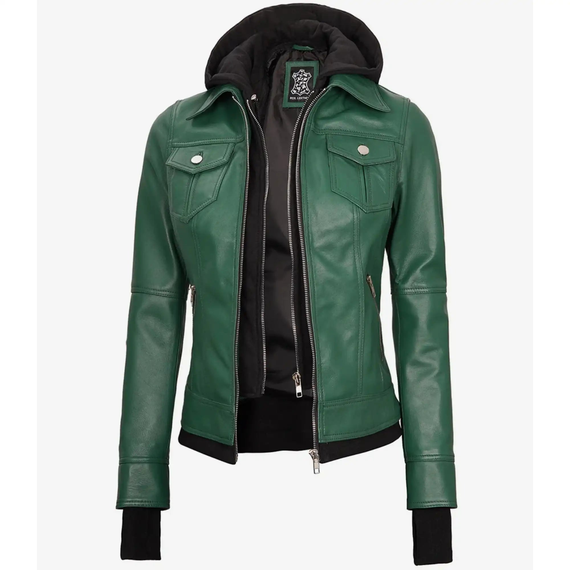 Green leather jacket with a hood on a white background
