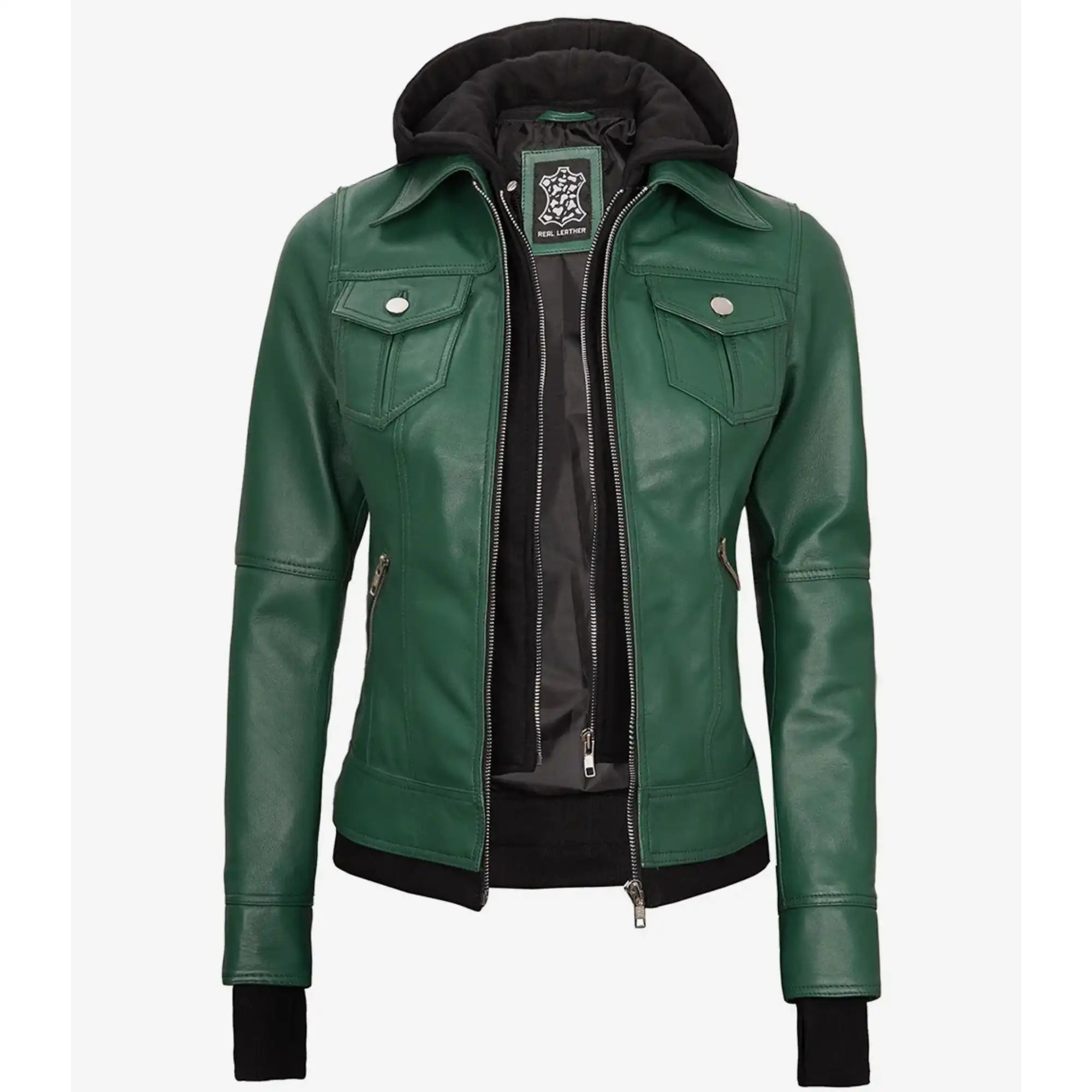 Green leather jacket with a brand logo on a white background