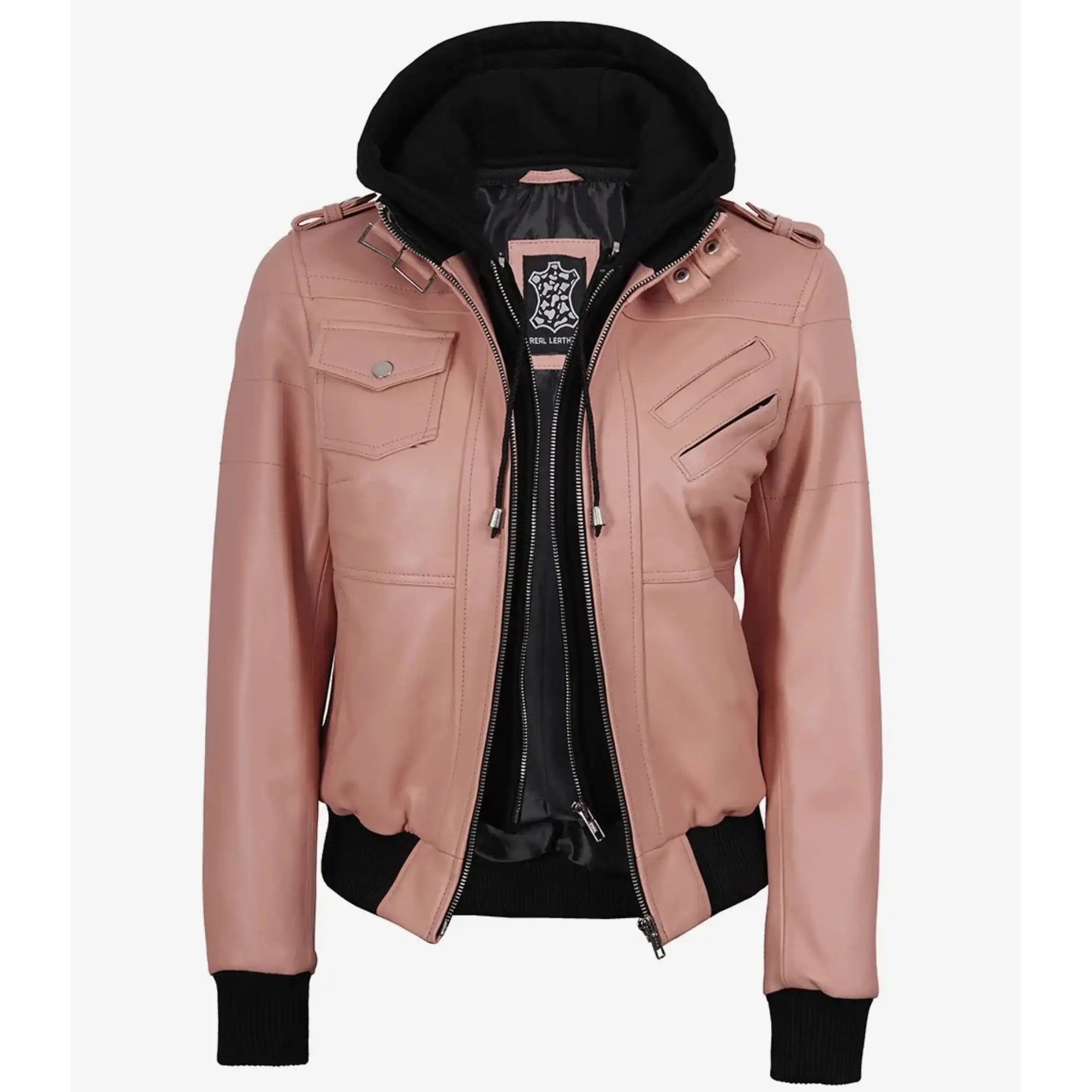 Pink leather jacket with black trim on a white background