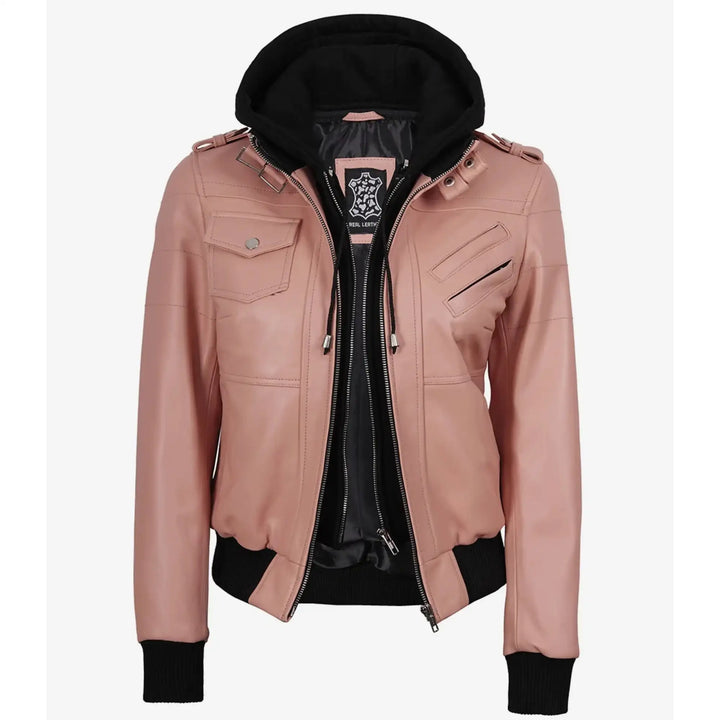 Pink leather jacket with black trim on a white background