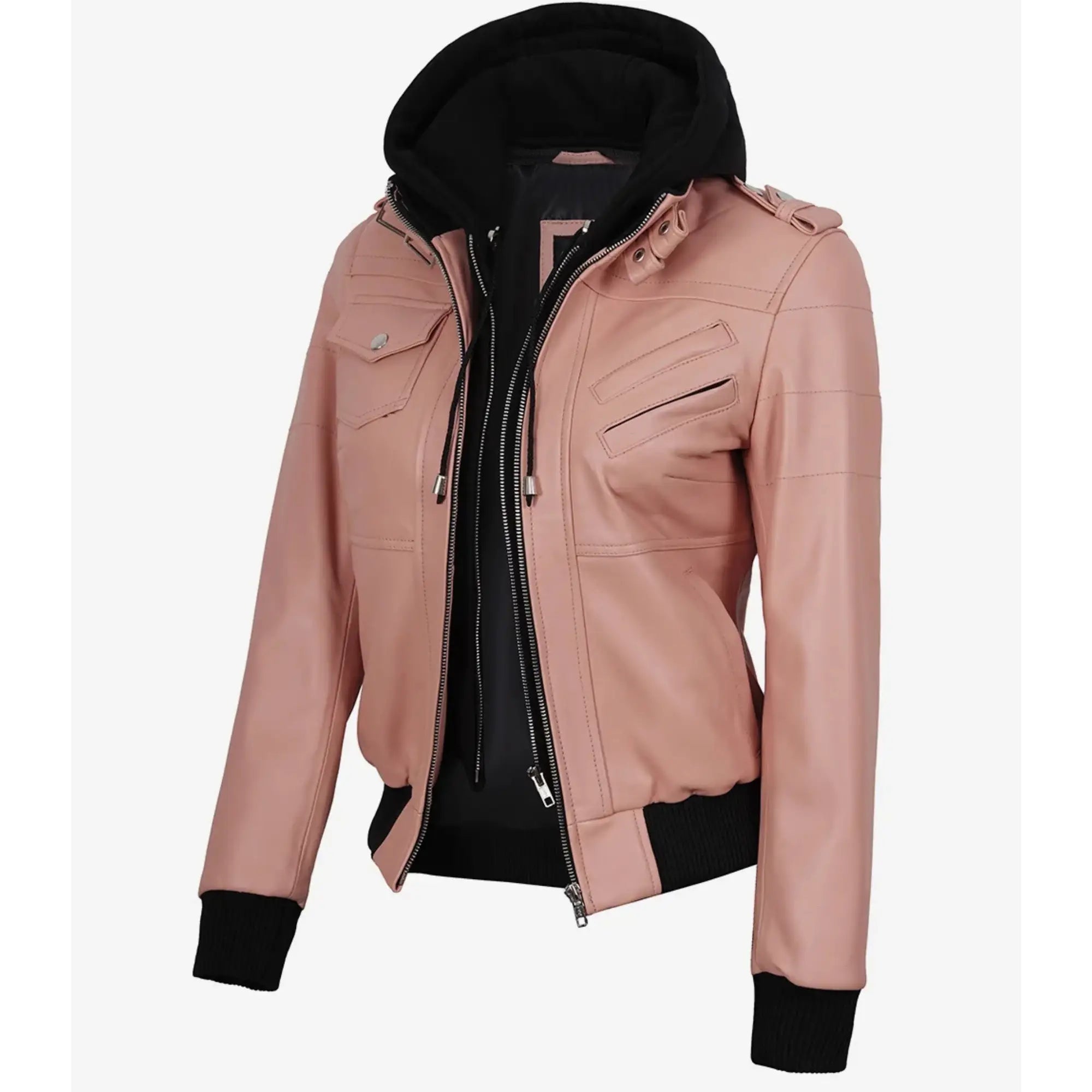 Pink leather jacket with black accents on a white background