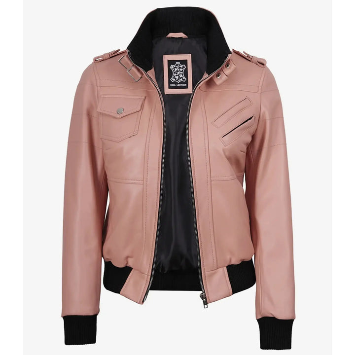 Pink leather jacket with black accents on a white background