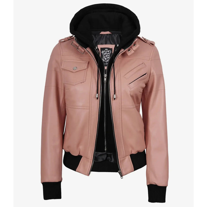 Pink leather jacket with black accents on a white background