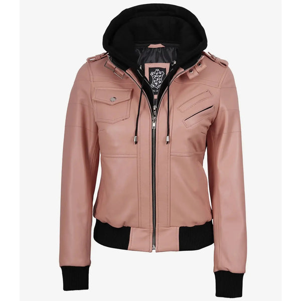 Pink leather jacket with black accents on a white background