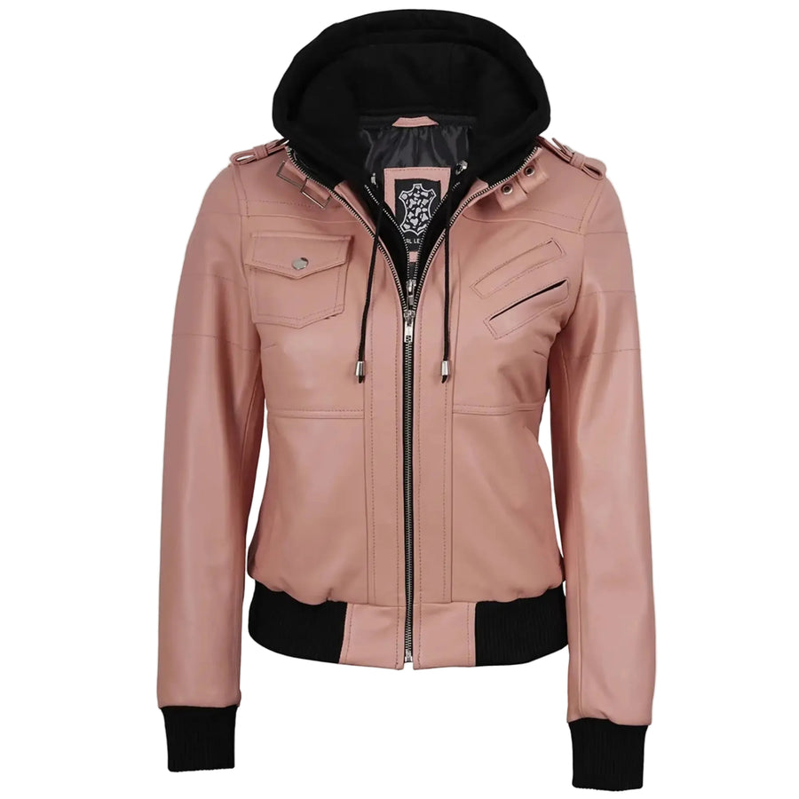 Womens Leather Bomber Pink Jacket with Removable Hood