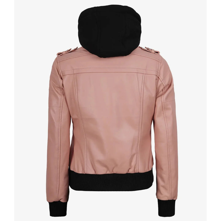 Pink leather jacket with black trim on a white background