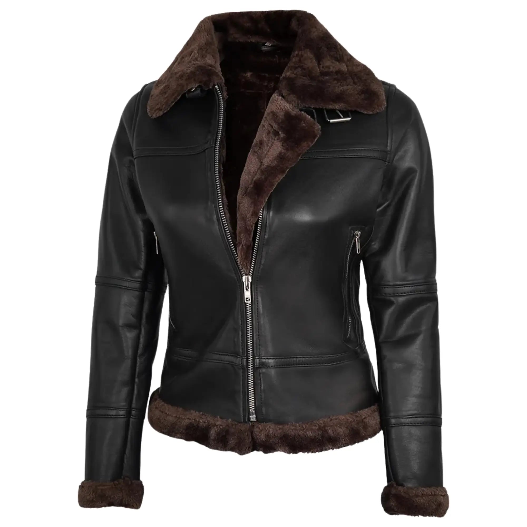 Black leather jacket with brown fur trim on a white background