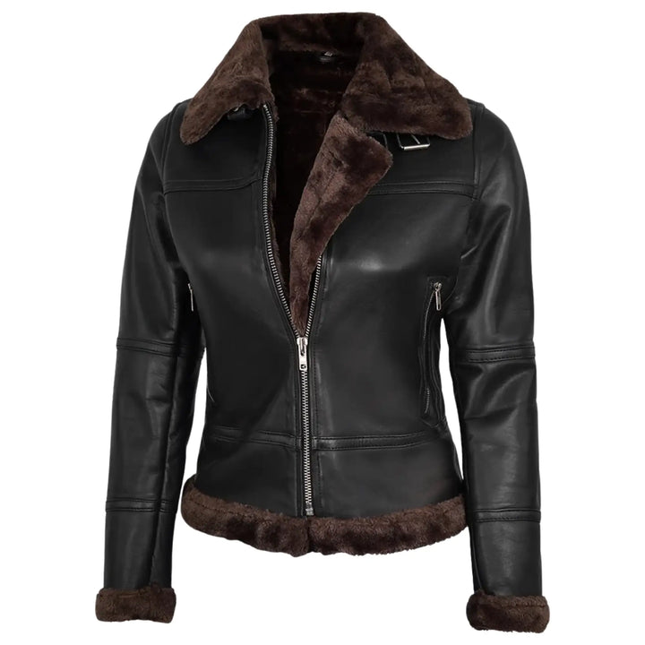 Black leather jacket with brown fur trim on a white background