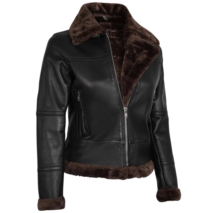 Black leather jacket with brown fur lining on a white background