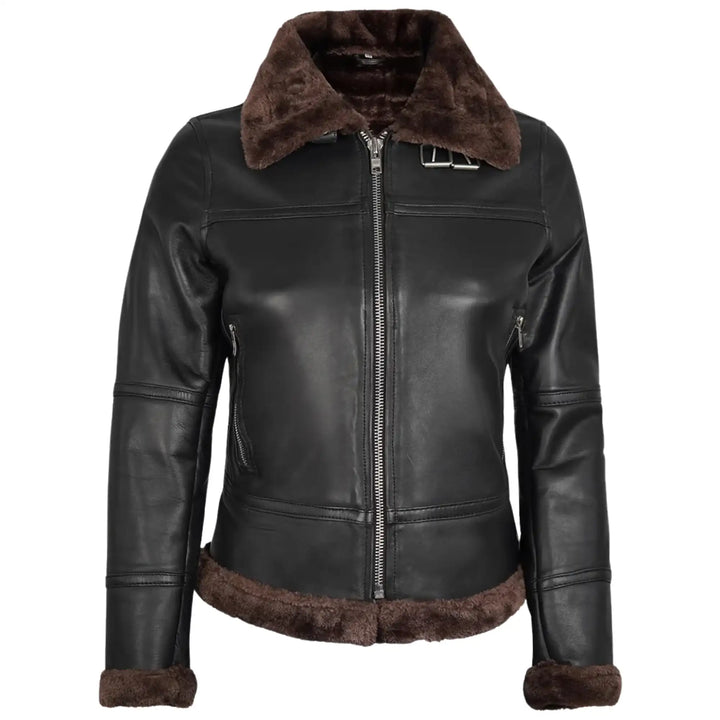 Black leather jacket with brown fur trim on a white background