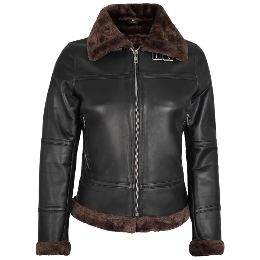 Womens Dark Brown Shearling Bomber Leather  Jacket