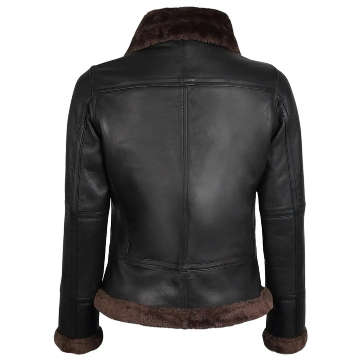 Black leather jacket with brown fur trim on a white background