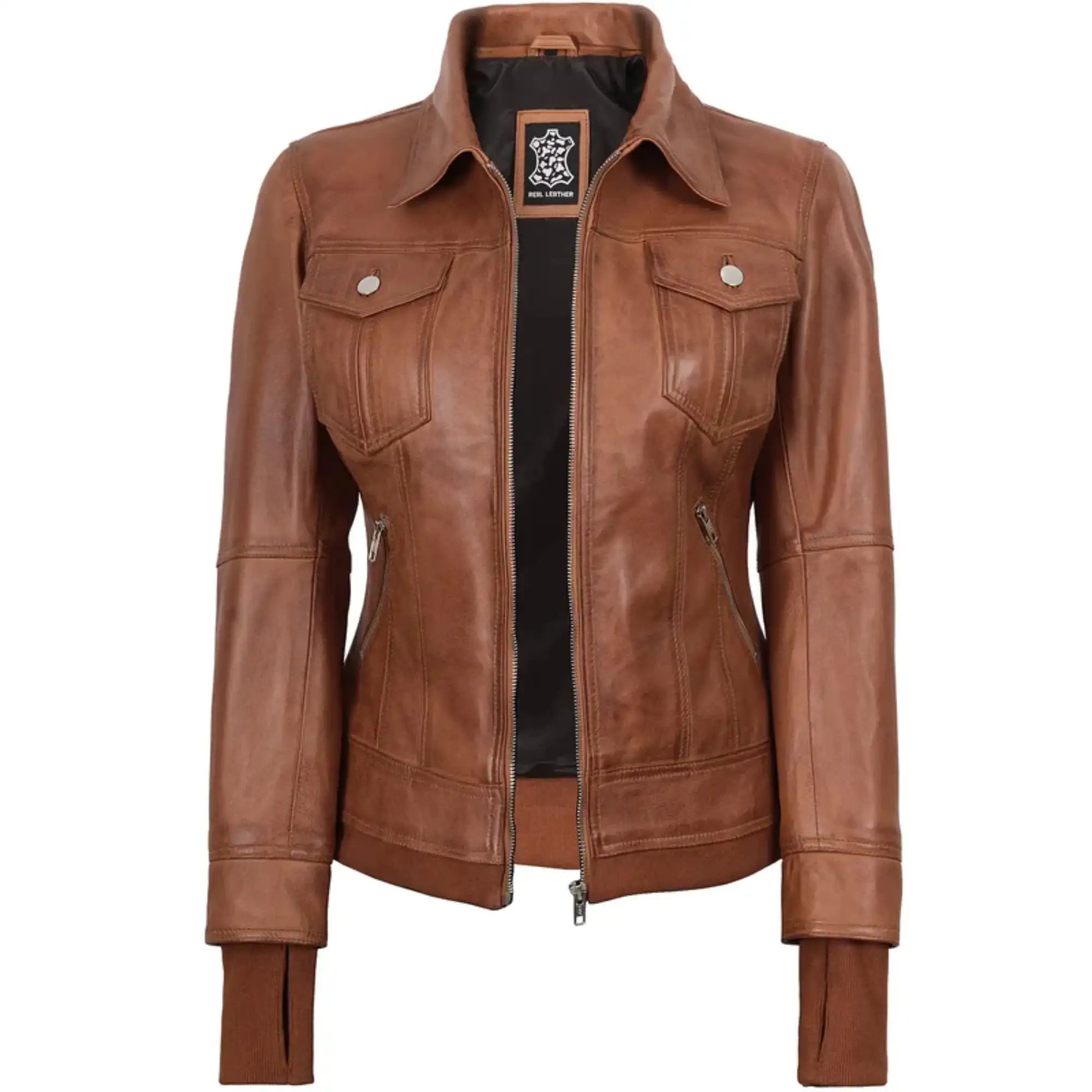 Brown leather jacket on a white background
