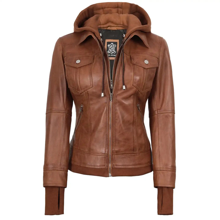 Brown leather jacket with a hood on a white background