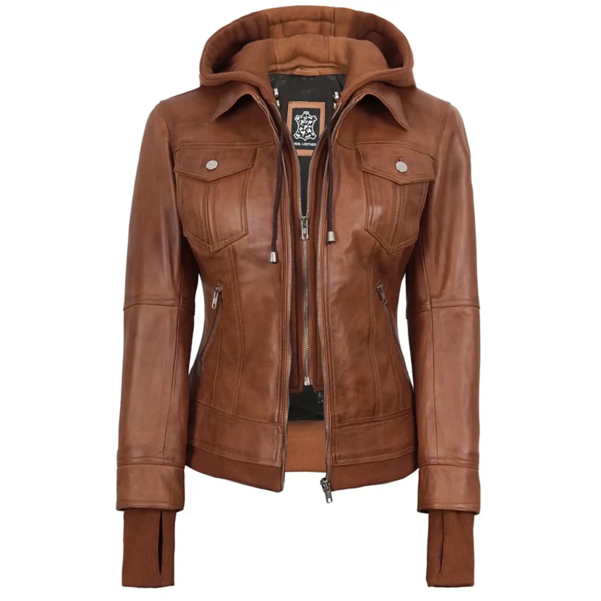 Brown leather jacket with a hood on a white background