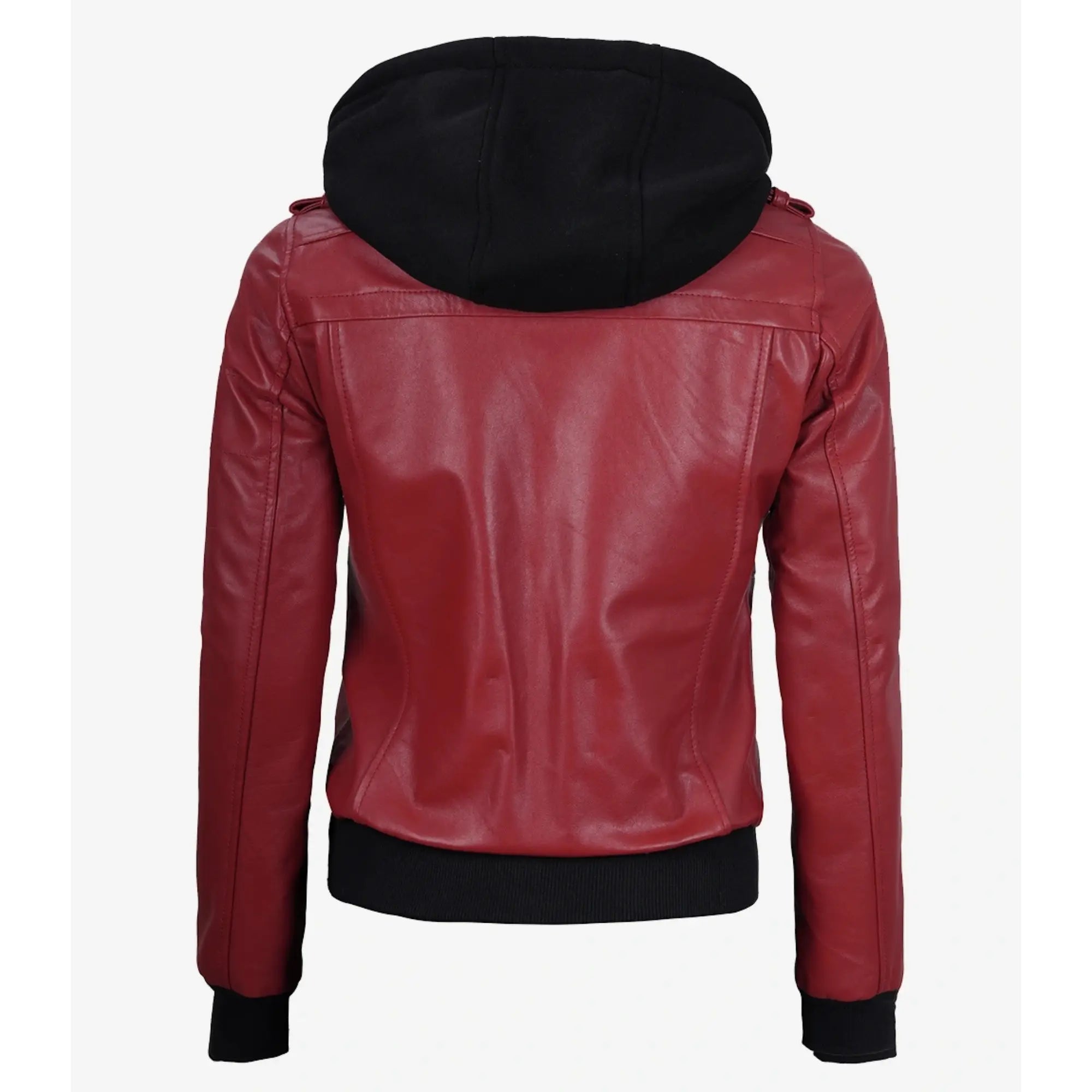 Red leather jacket with black hood on a white background