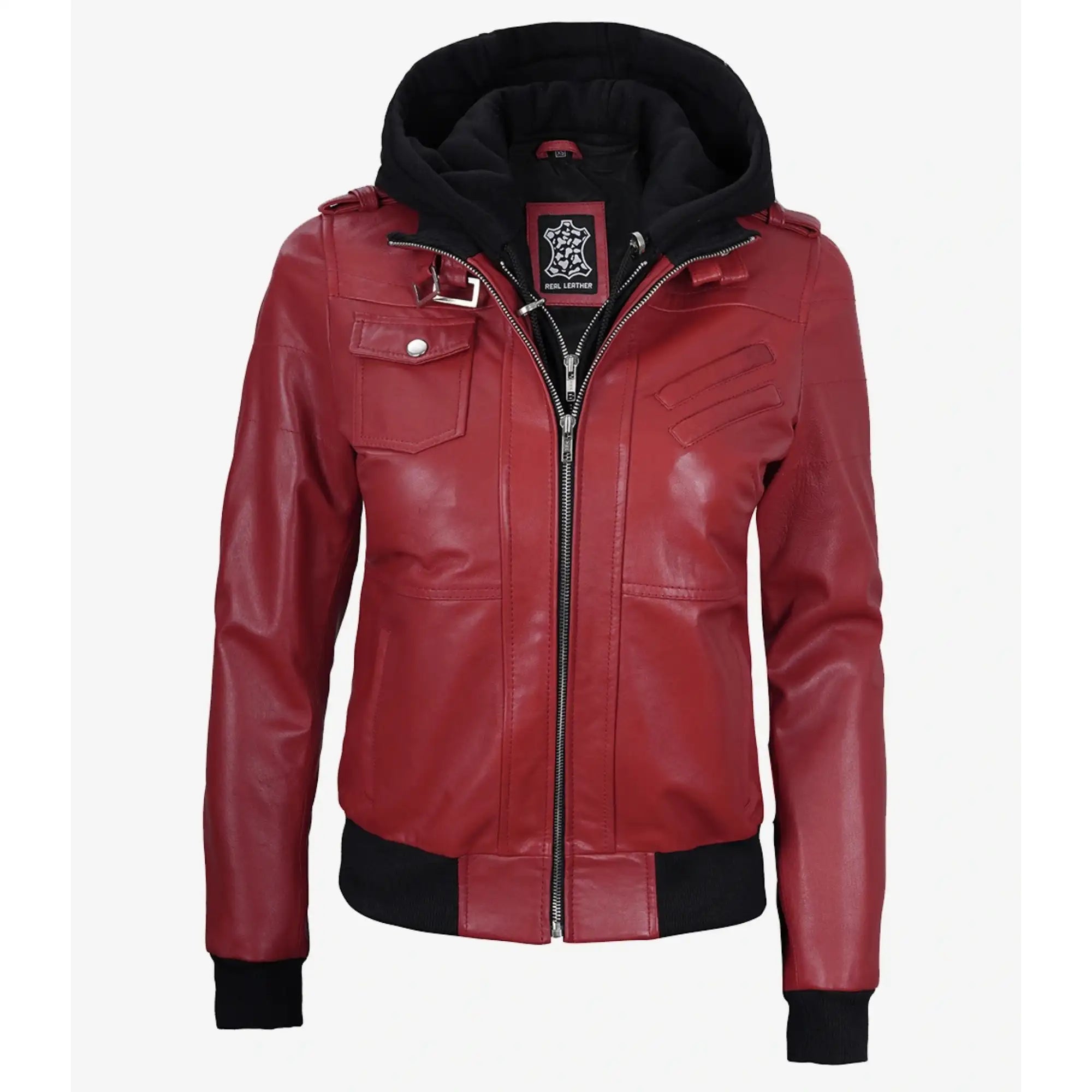Red leather jacket with black hood on a white background