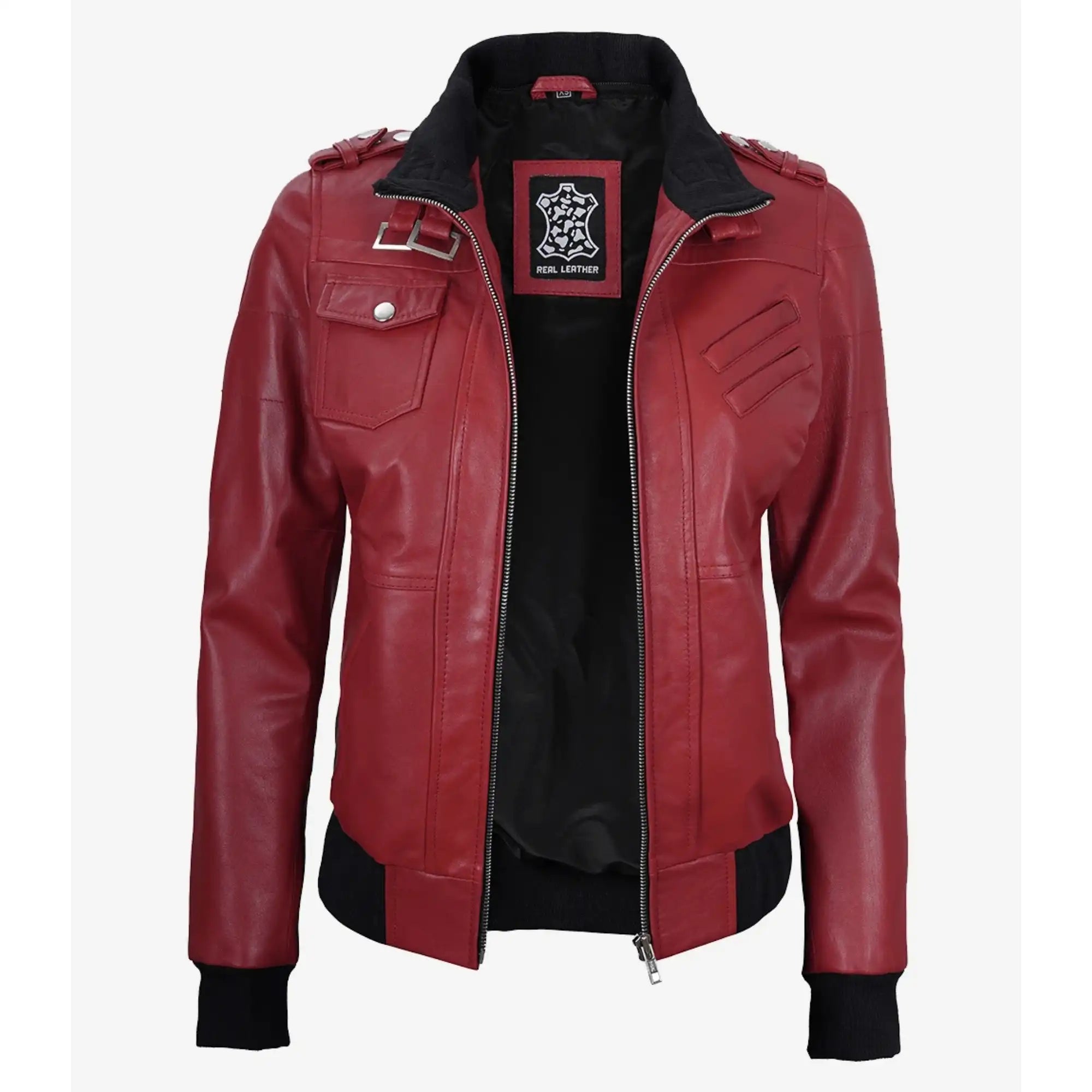 Red leather jacket with black collar and trim on a white background