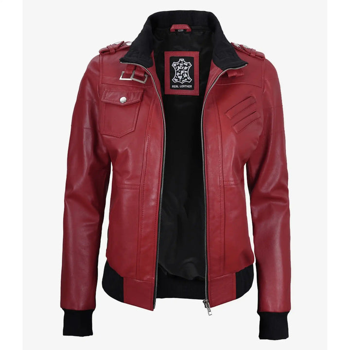 Red leather jacket with black collar and trim on a white background