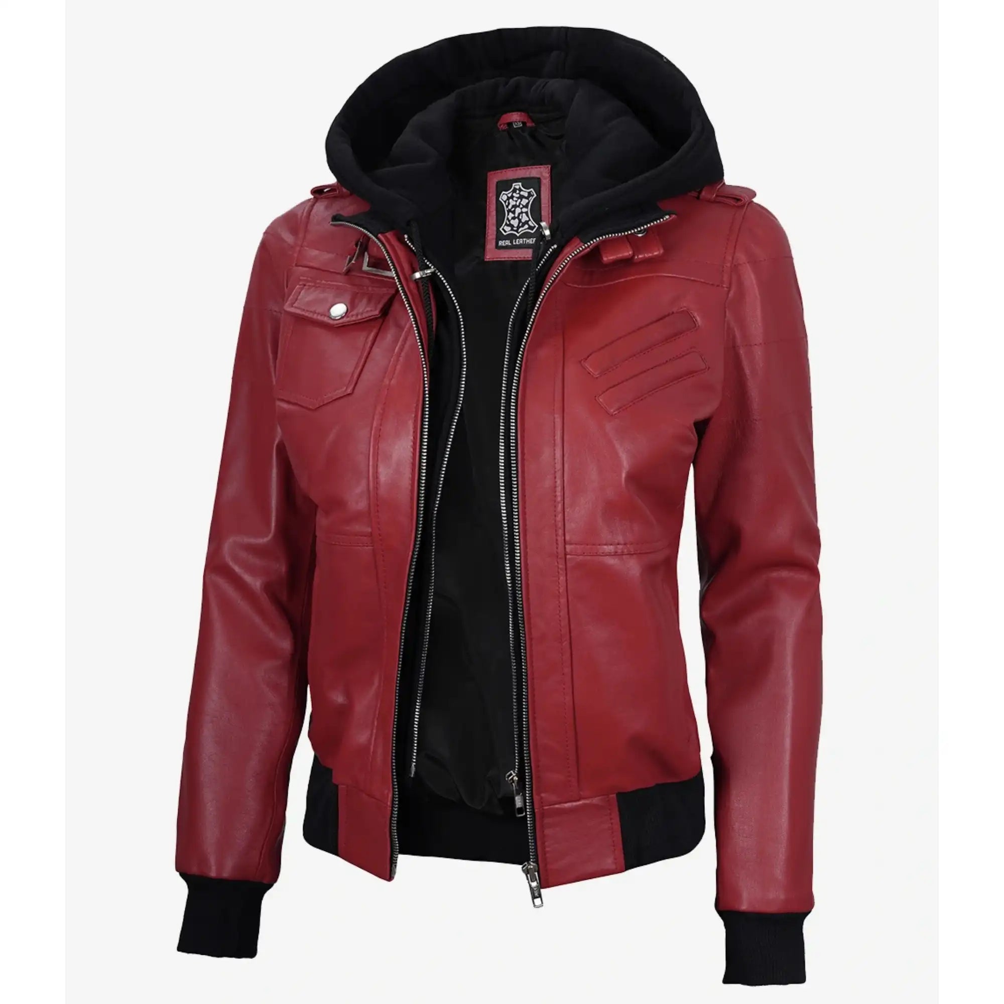 Red leather jacket with black accents on a white background