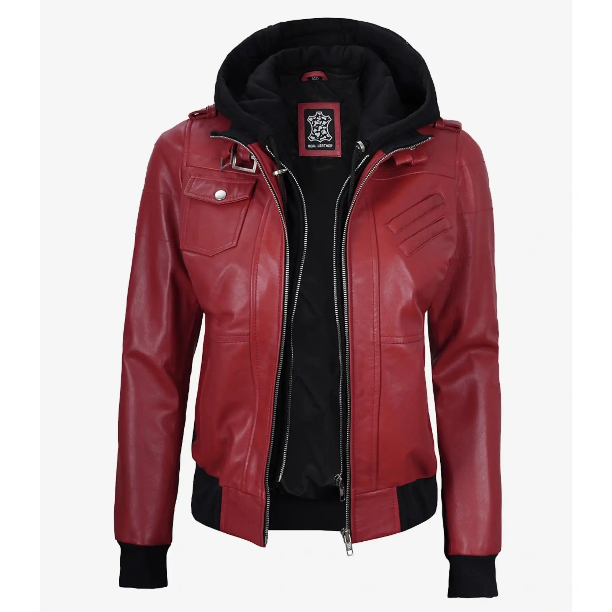 Red leather jacket with black interior on a white background