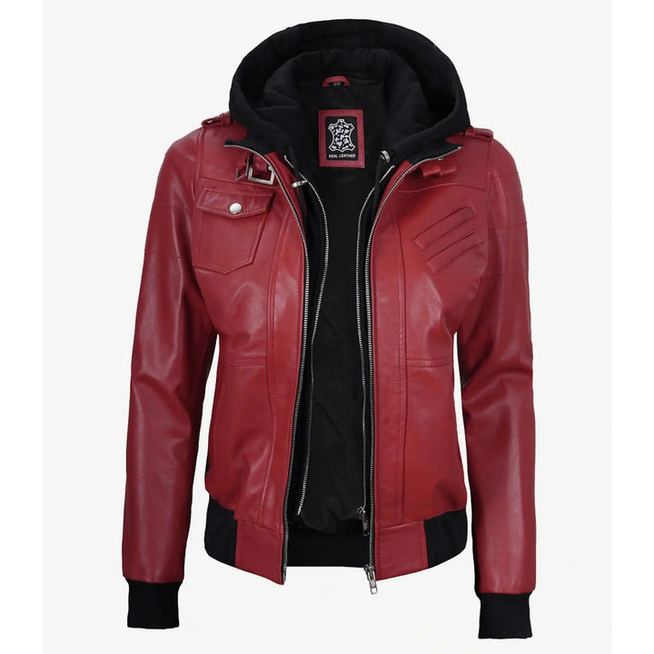 Red leather jacket with black interior on a white background