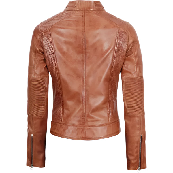 Women Tan Cafe Racer Leather Jacket on a white background