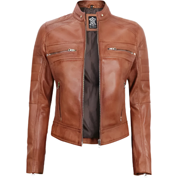 Women Tan Cafe Racer Leather Jacket on a white background