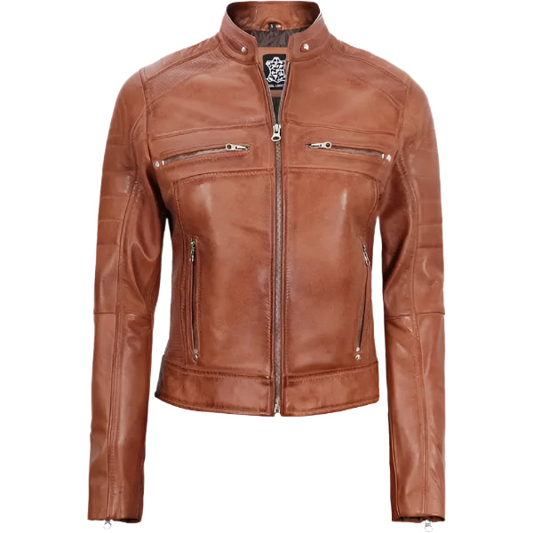 Women Tan Cafe Racer Leather Jacket