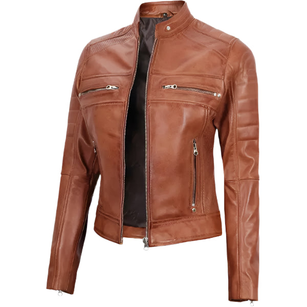 Women Tan Cafe Racer Leather Jacket on a white background
