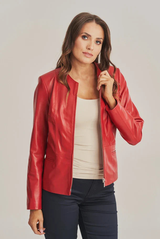 Yelira - Women's Sheepskin Collarless Red Leather Jacket