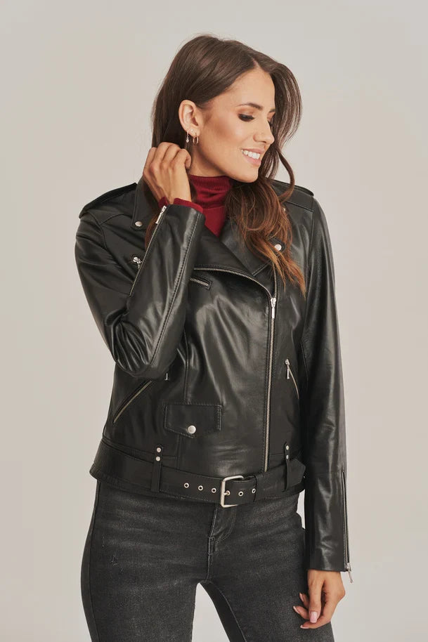 Women's Black Biker Sheepskin Leather Jacket