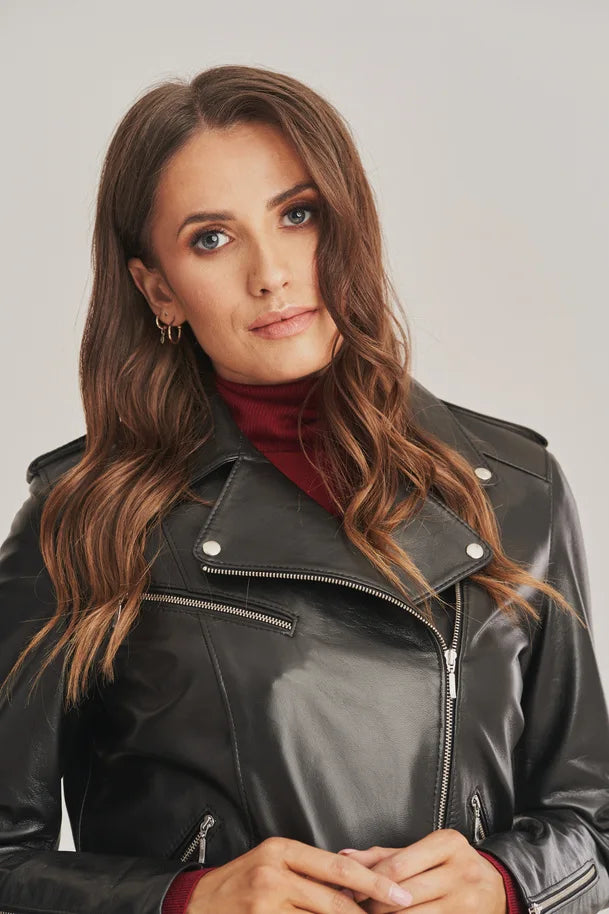 Zenyra - Women's Black Biker Sheepskin Leather Jacket