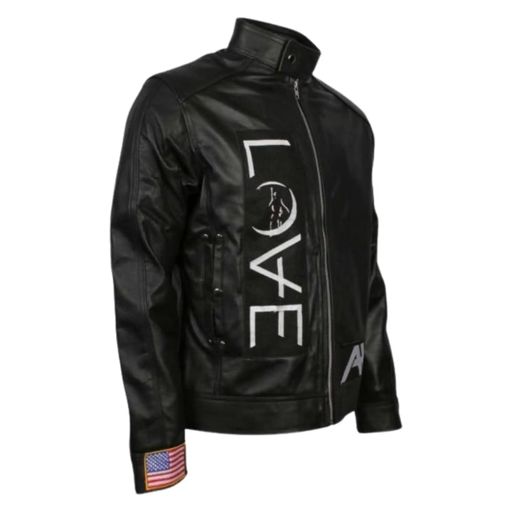 Black leather jacket with 'LOVE' text and American flag on a white background
