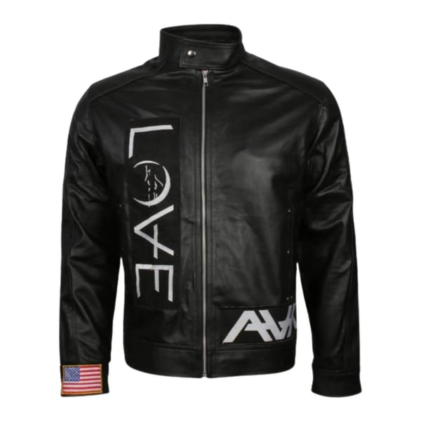 Black leather jacket with white text and an American flag patch on a white background