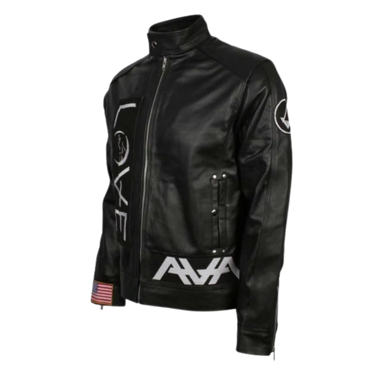 Black leather jacket with white text and logos on a white background