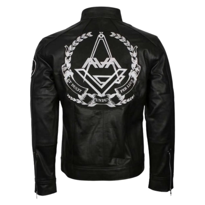 Black leather jacket with white emblem on the back against a white background