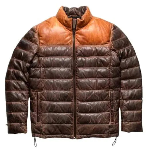 Men's Real Sheepskin Leather Brown Puffer Jacket
