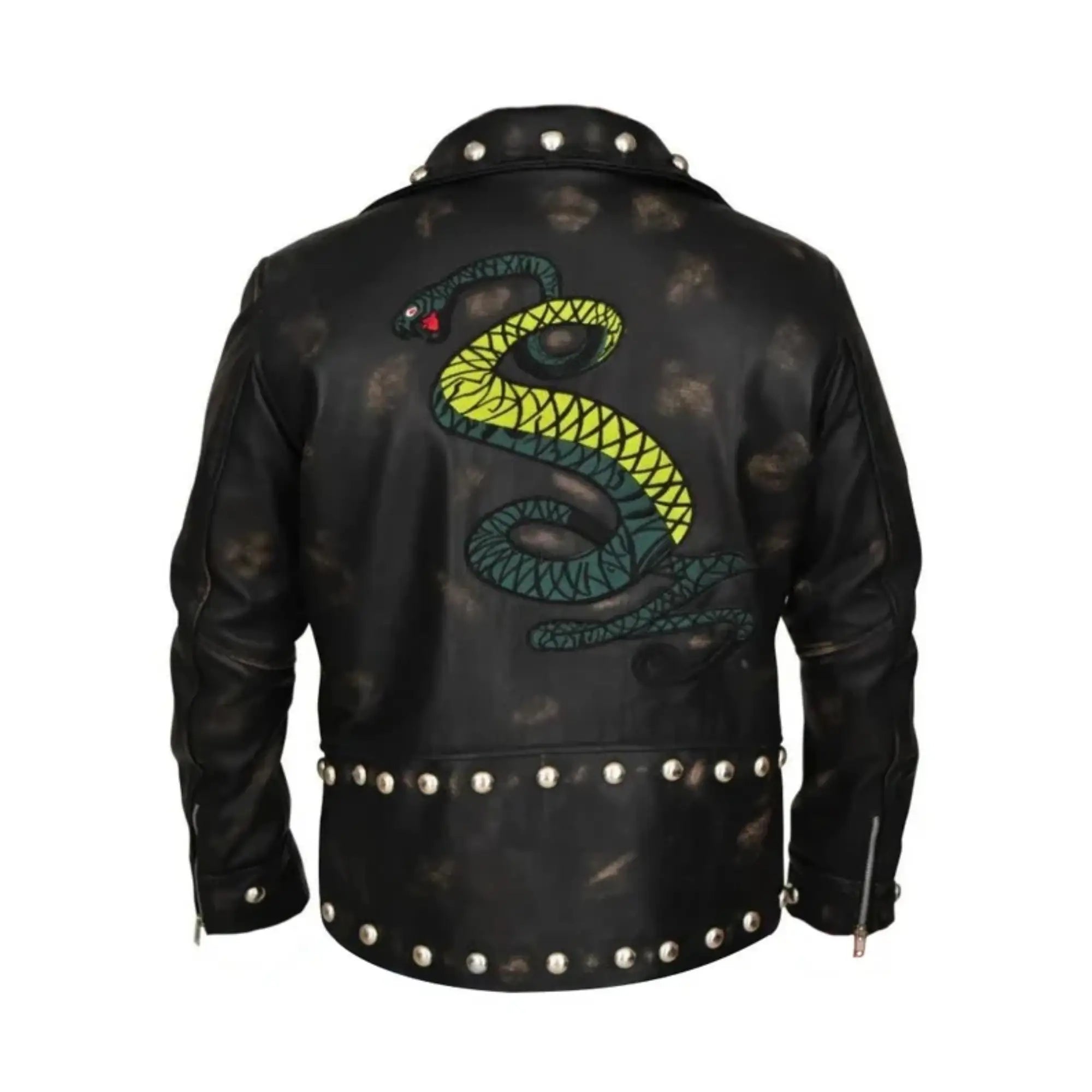 Black leather jacket with a snake design on the back, studded details, and a white background.