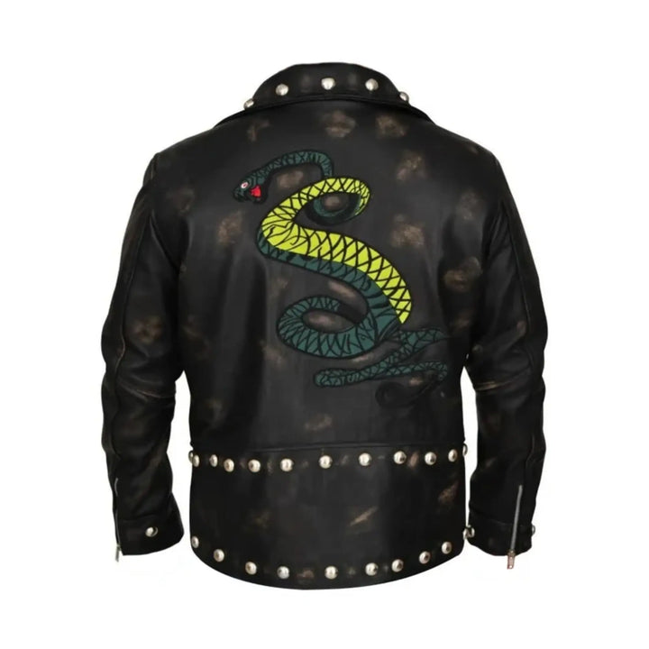 Black leather jacket with a snake design on the back, studded details, and a white background.