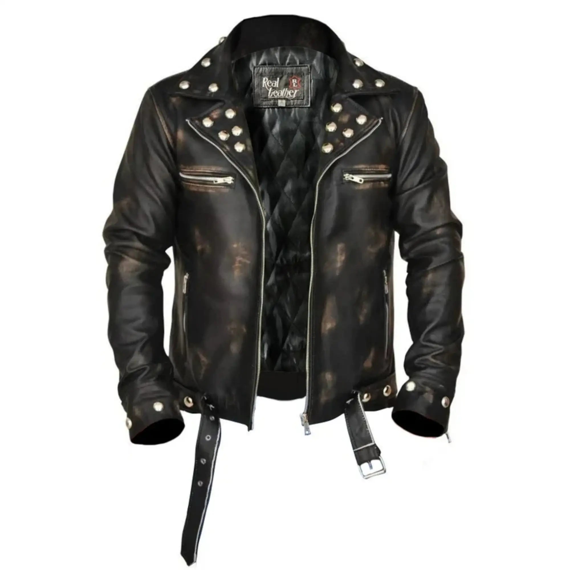 Black leather jacket with studs and a belt on a white background