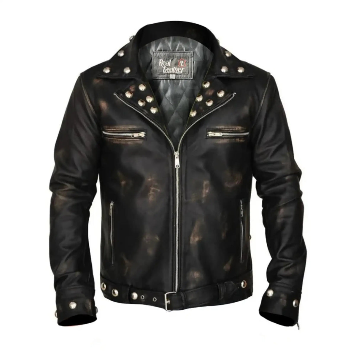 Black leather jacket with studs and zippers on a white background